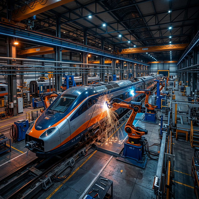 A massive modern train manufacturing facility interior showing a high-speed train locomotive being assembled on a production line with industrial robotic arms welding steel and sparks flying under dramatic blue and orange industrial lighting